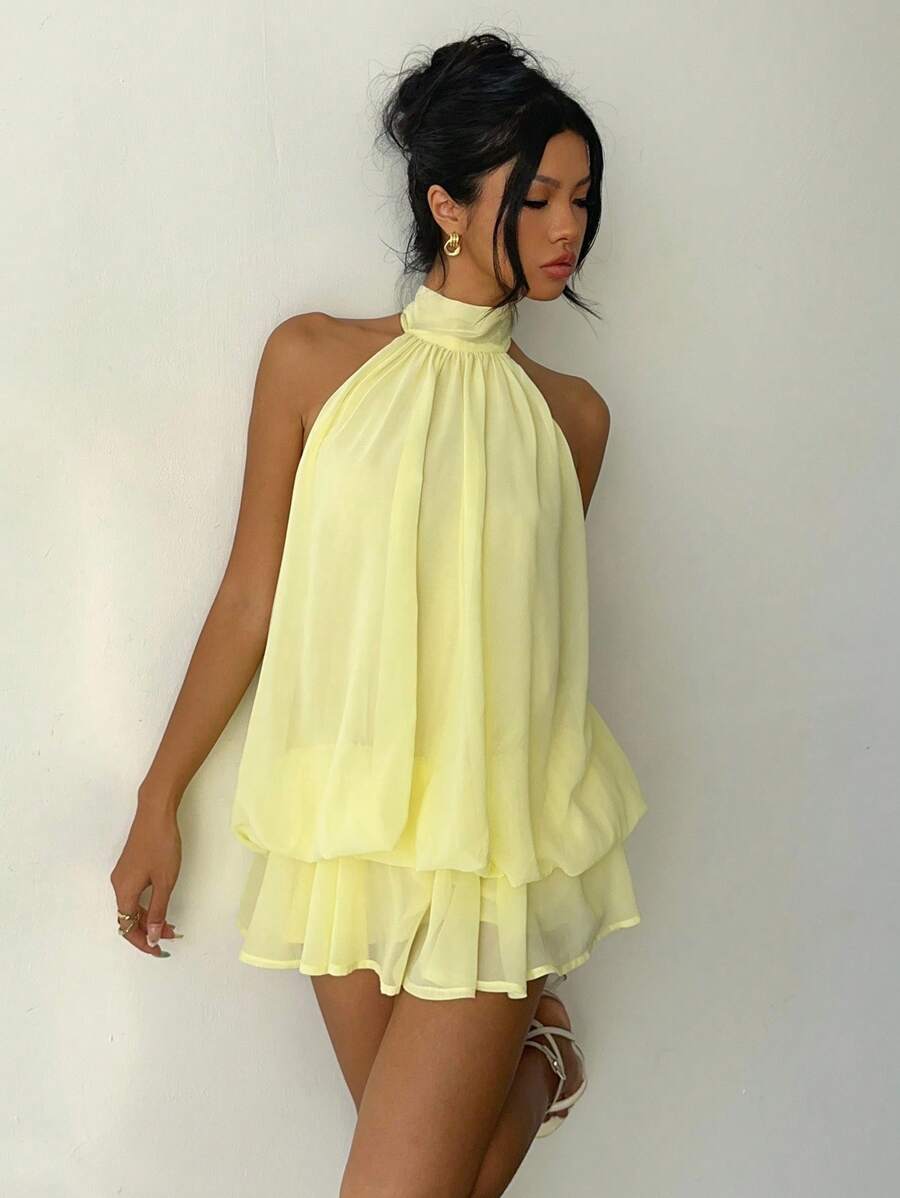 SHEIN Aloruh فستان شيفون أصفر أنيق بربطة عنق
