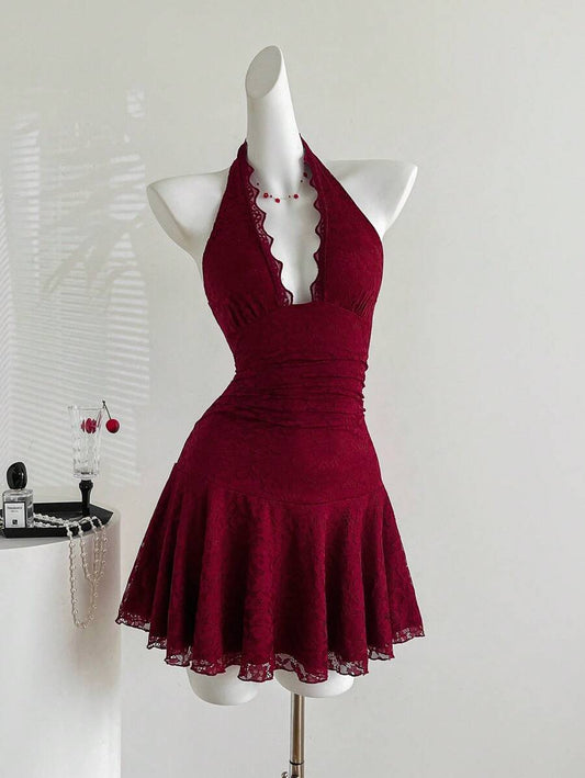 SHEIN Sweetro فستان أنيق بحمالة حلقية وتطريز دانتيل بلون أحمر كرزي