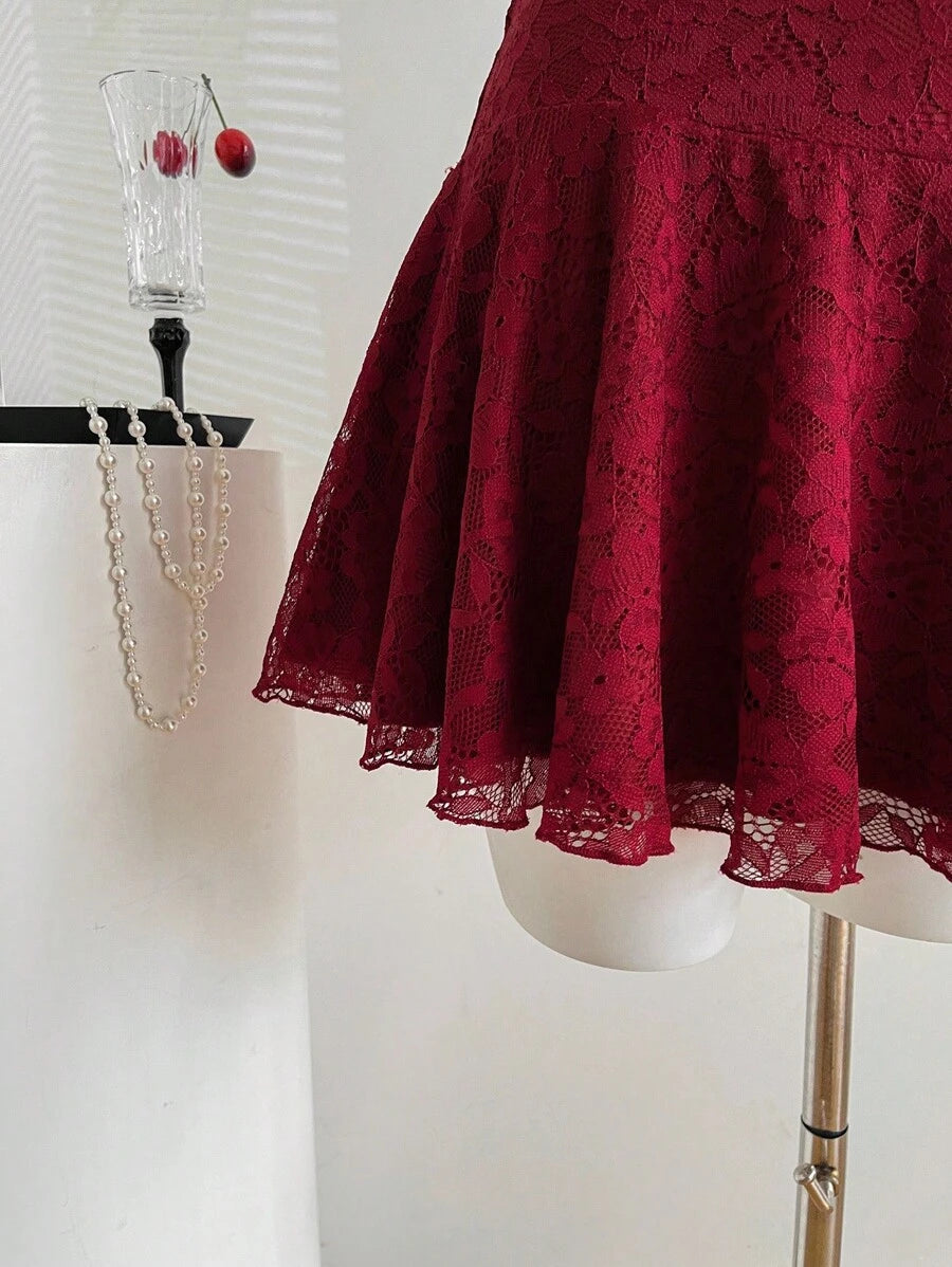 SHEIN Sweetro فستان أنيق بحمالة حلقية وتطريز دانتيل بلون أحمر كرزي