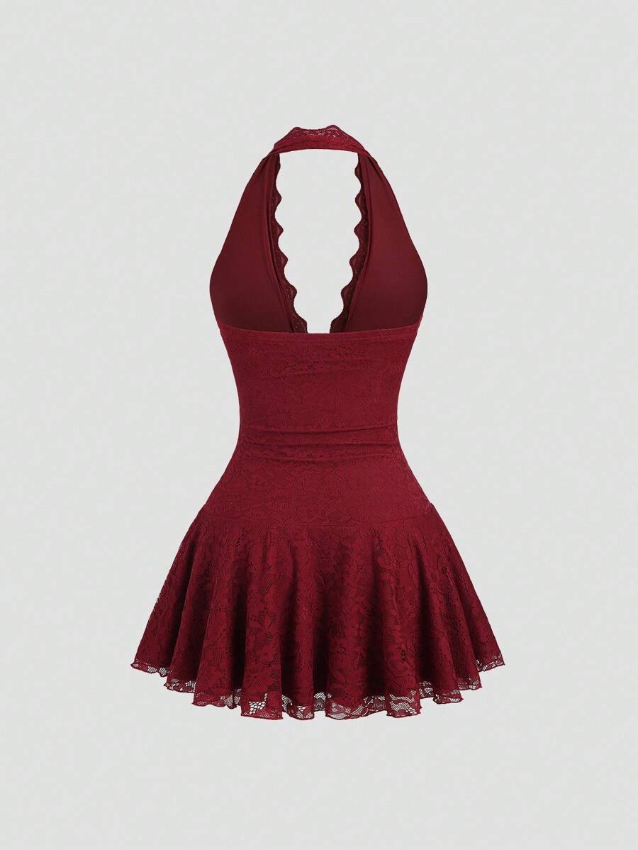 SHEIN Sweetro فستان أنيق بحمالة حلقية وتطريز دانتيل بلون أحمر كرزي