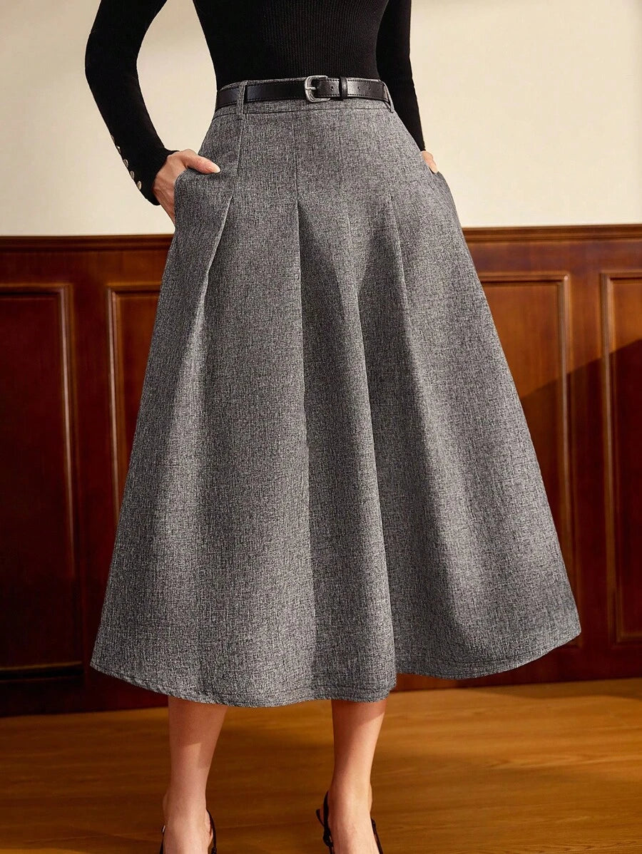 SHEIN Vintamour تنورة رمادية كلاسيكية مطوية معها حزام