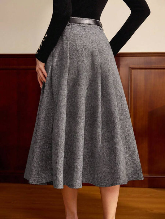 SHEIN Vintamour تنورة رمادية كلاسيكية مطوية معها حزام