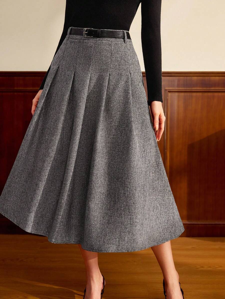 SHEIN Vintamour تنورة رمادية كلاسيكية مطوية معها حزام
