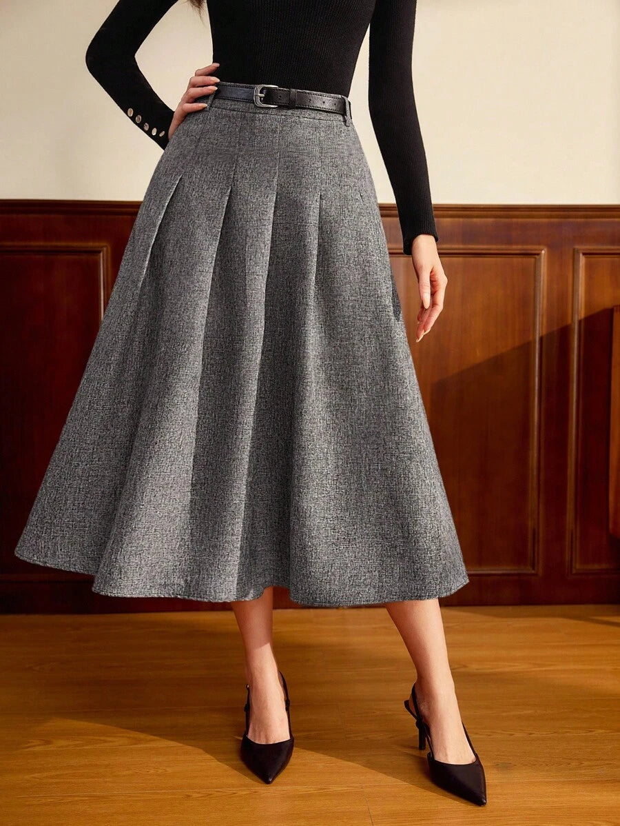 SHEIN Vintamour تنورة رمادية كلاسيكية مطوية معها حزام