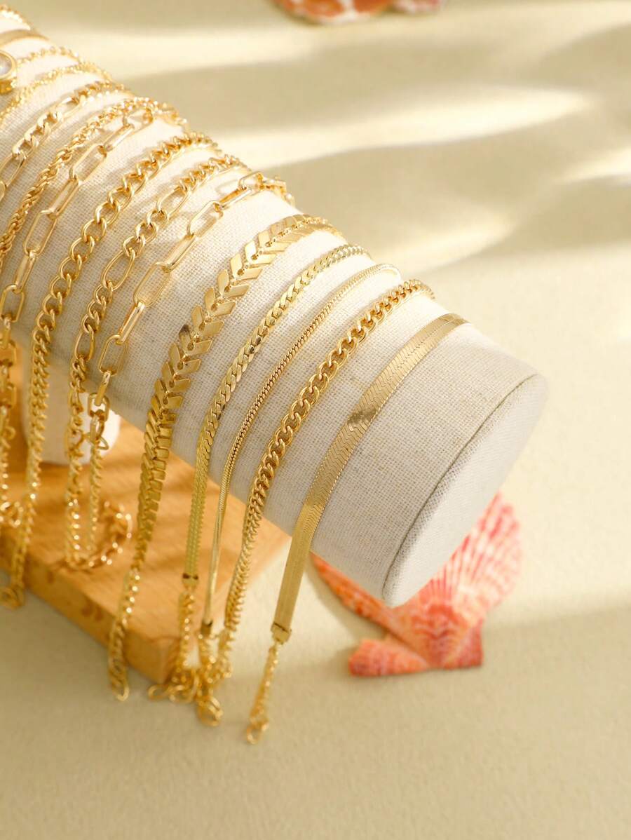 SHEIN مجموعة أساور ذهبية معدنية مزينة بالراين