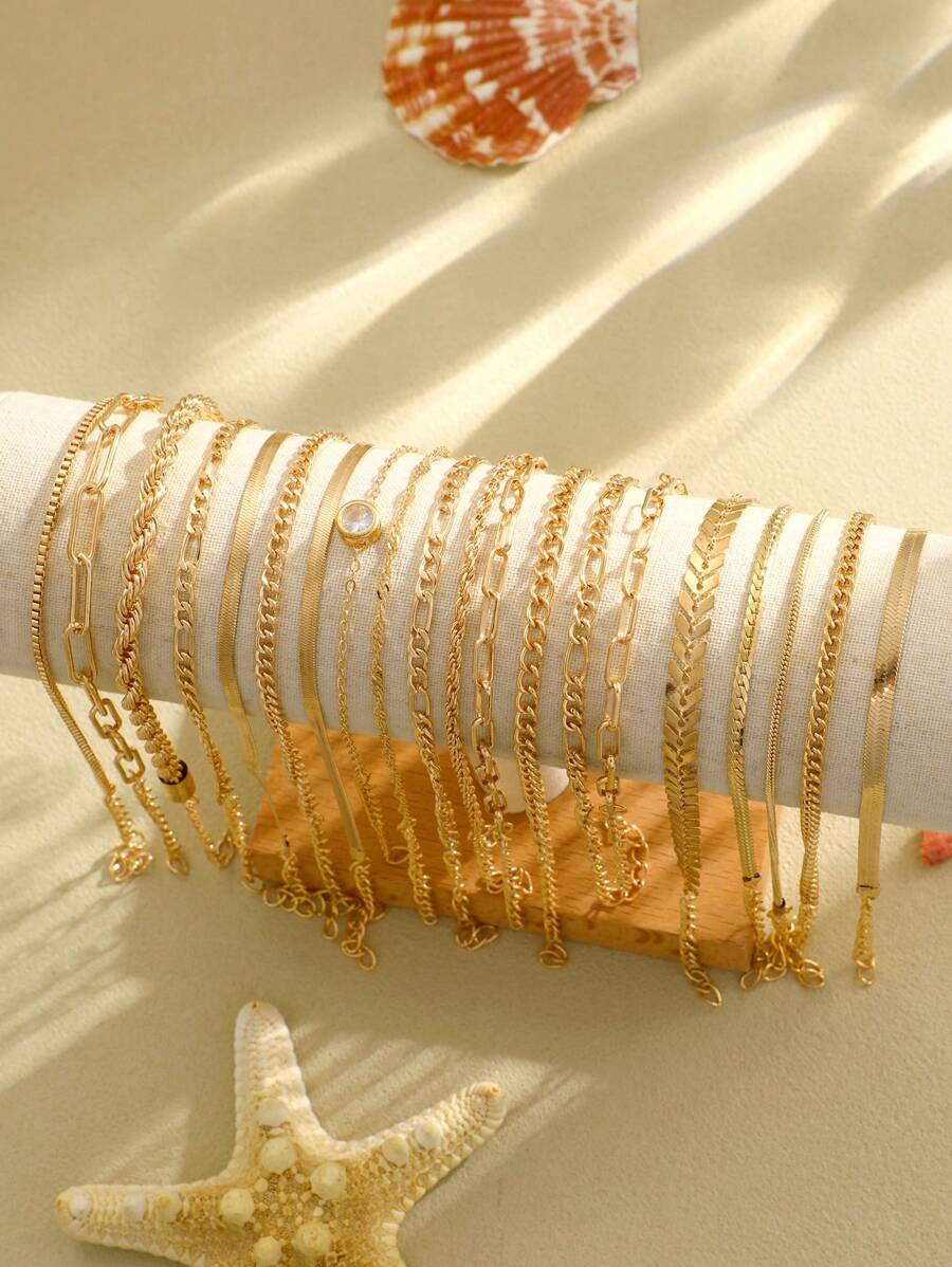 SHEIN مجموعة أساور ذهبية معدنية مزينة بالراين