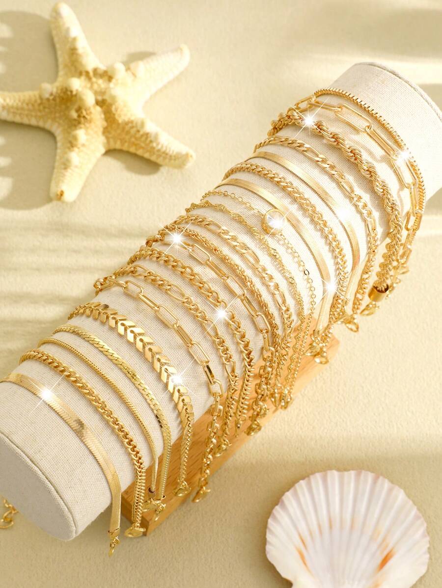 SHEIN مجموعة أساور ذهبية معدنية مزينة بالراين