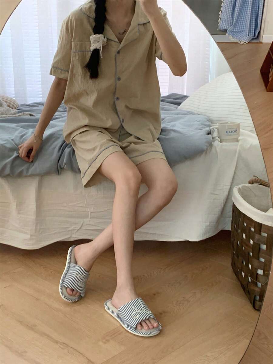 SHEIN XIXITIAO شبشب نسائي مريح بطبعة مخططة وفيونكة