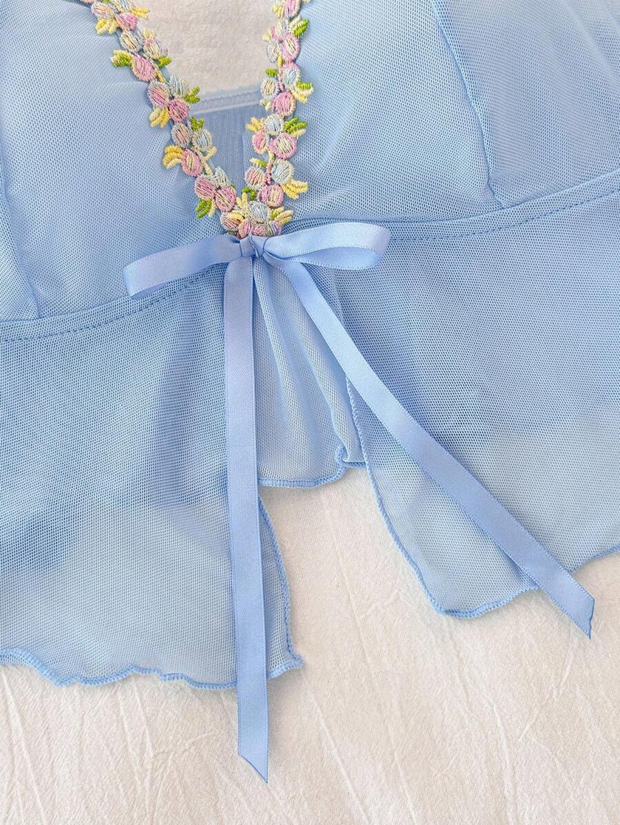 SHEIN Enchnt طقم لانجري قطعتين مطرز بزخارف زهور وشبك شفاف