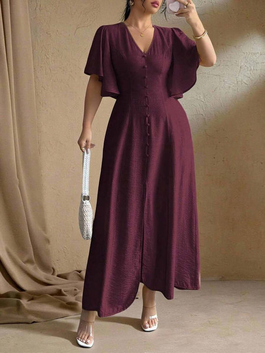 SHEIN Roveilla فستان ماكسي للمقاسات الكبيرة بأكمام منفرجة وفتحة جانبية مزين بأزرار