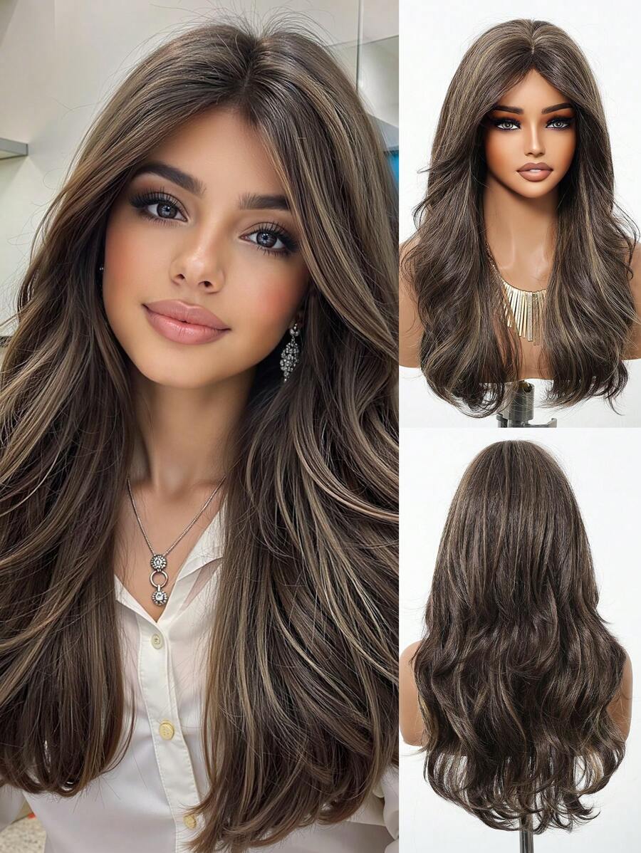 SHEIN طقم شعر مستعار 22 بوصة بني فاتح مموج