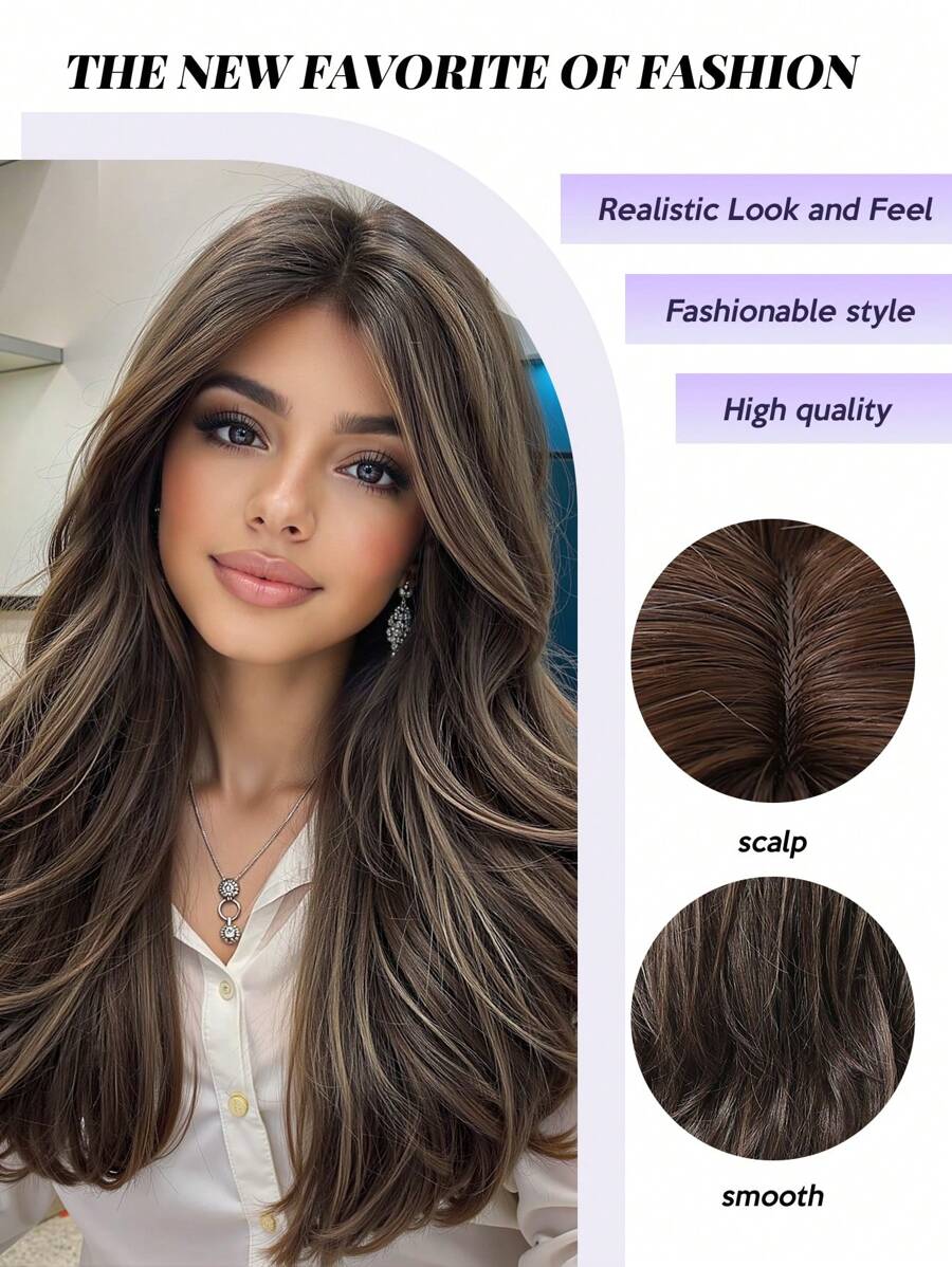 SHEIN طقم شعر مستعار 22 بوصة بني فاتح مموج