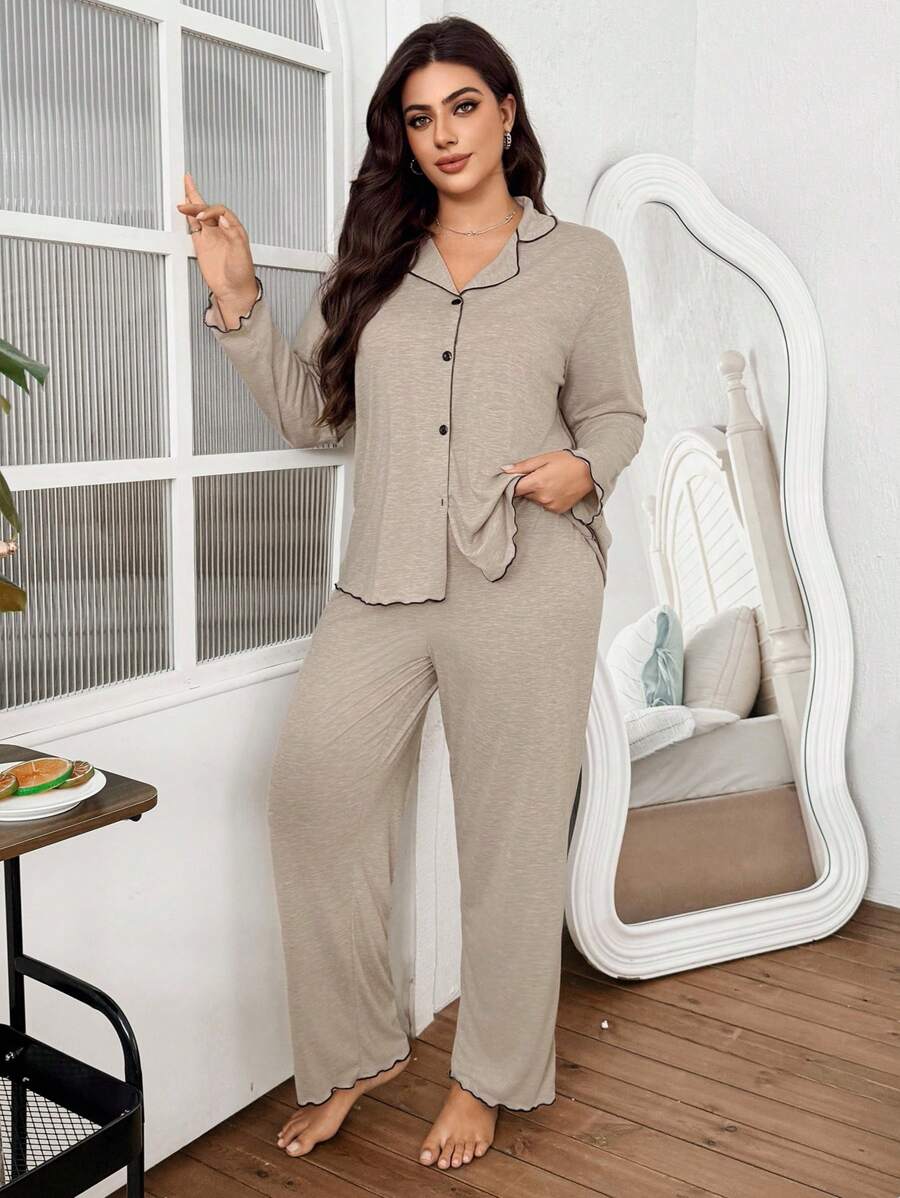 SHEIN Doze Lane طقم منزلي خاكي بأكمام طويلة