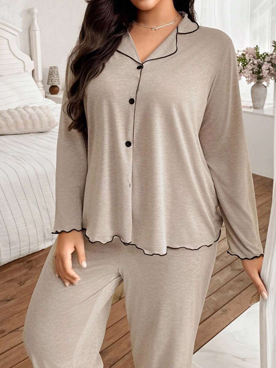 SHEIN Doze Lane طقم منزلي خاكي بأكمام طويلة