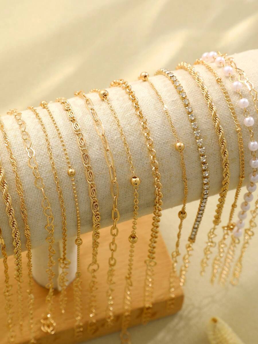 SHEIN أساور معدنية أنيقة متعددة الطبقات بتصميم قلب ولؤلؤ وراين