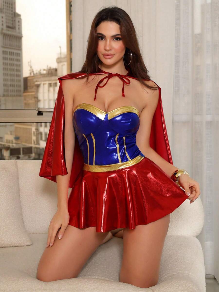 SHEIN Fantasy Costume كيب بطل خارق قطعتان من جلد بولي يوريثان