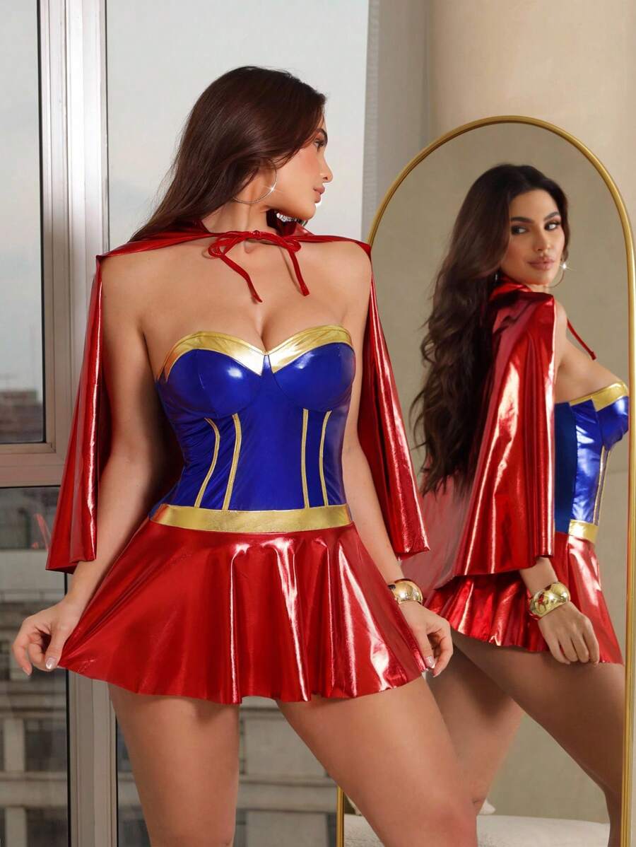 SHEIN Fantasy Costume كيب بطل خارق قطعتان من جلد بولي يوريثان