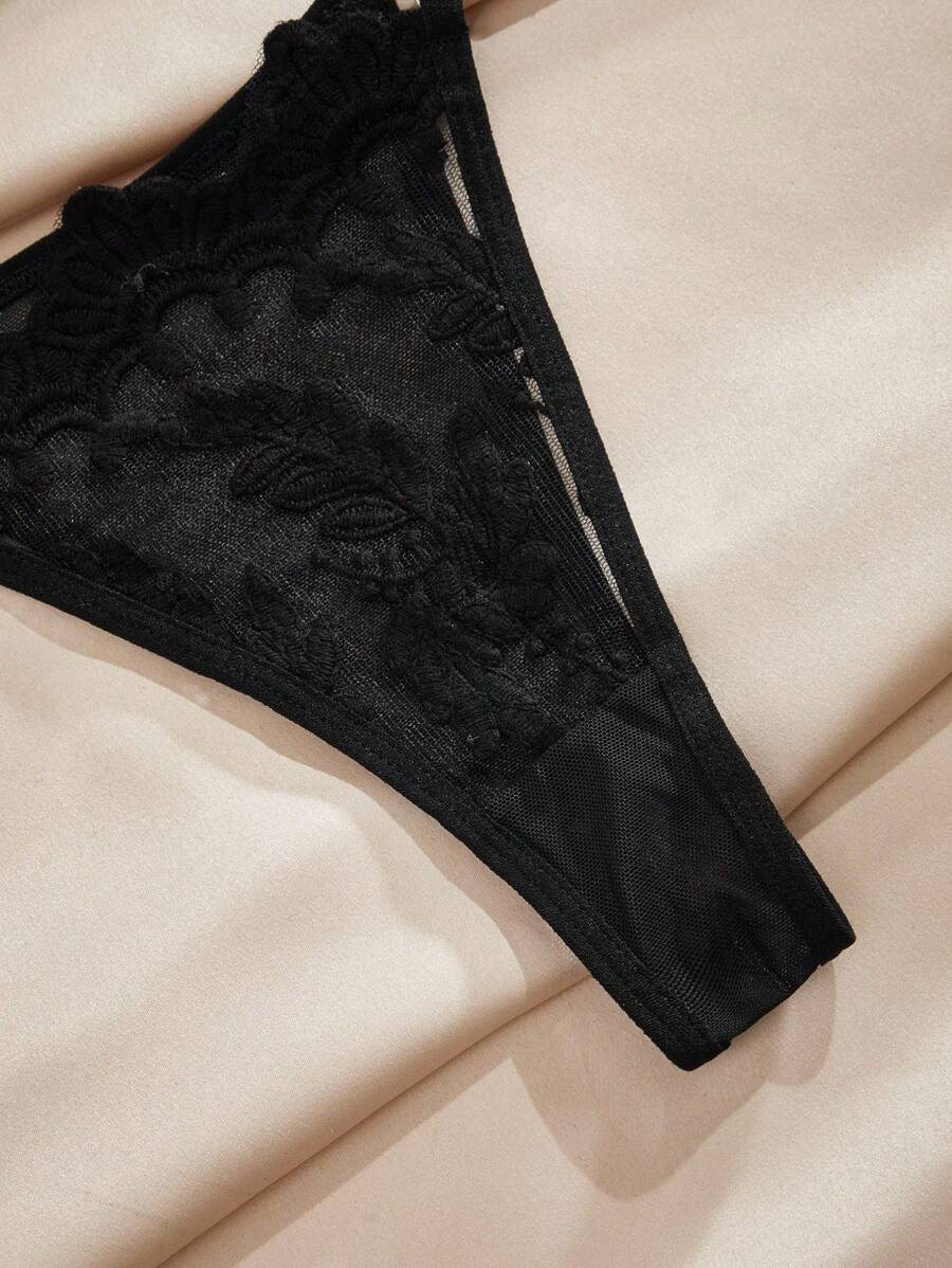 SHEIN Charlaine طقم لانجري أسود قطعتين بشبك مطرز شفاف