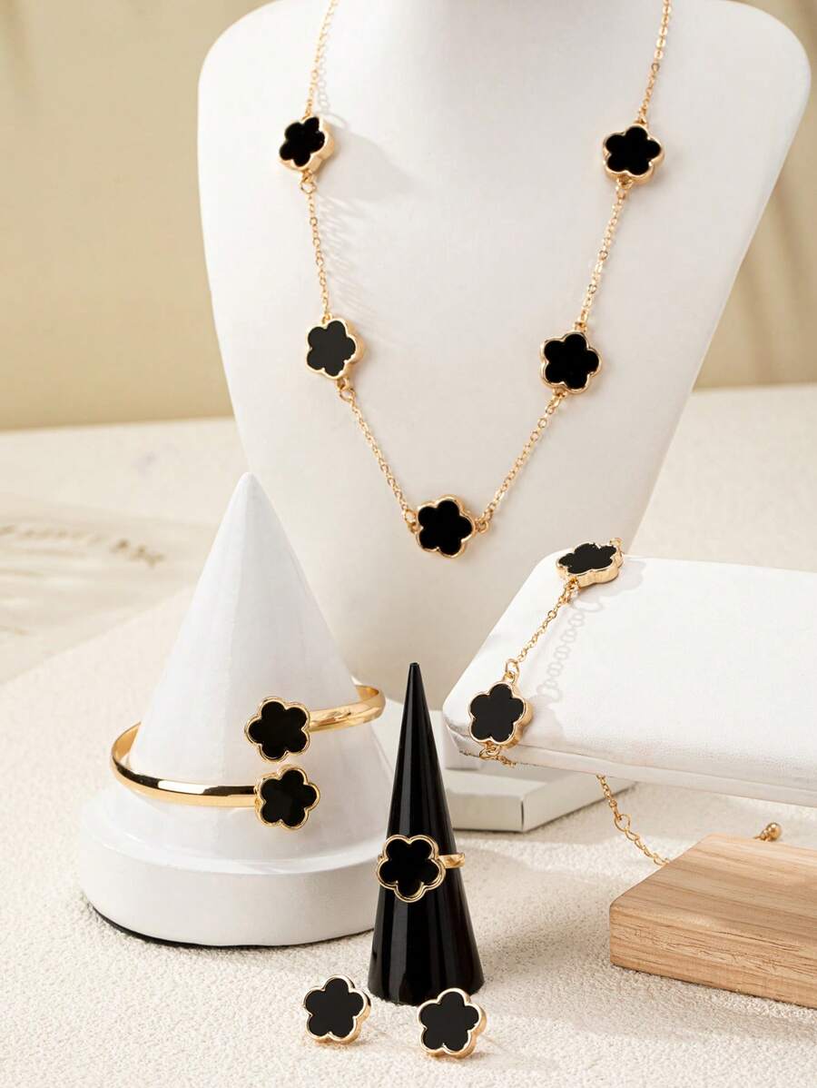 SHEIN مجموعة إكسسوارات 5 قطع سوداء بتصميم زهري