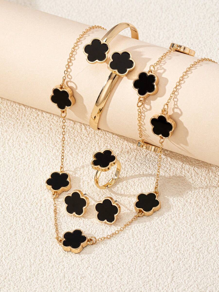 SHEIN مجموعة إكسسوارات 5 قطع سوداء بتصميم زهري