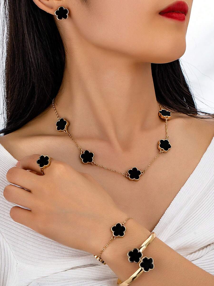SHEIN مجموعة إكسسوارات 5 قطع سوداء بتصميم زهري