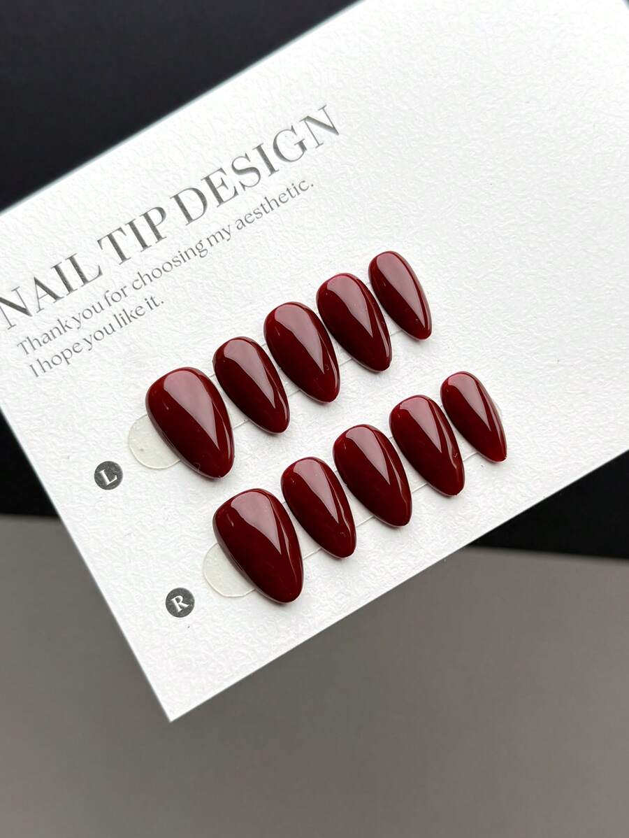 SHEIN أظافر 10 قطع بشكل لوز قصيرة مصنوعة يدويًا بلون أحمر نقي