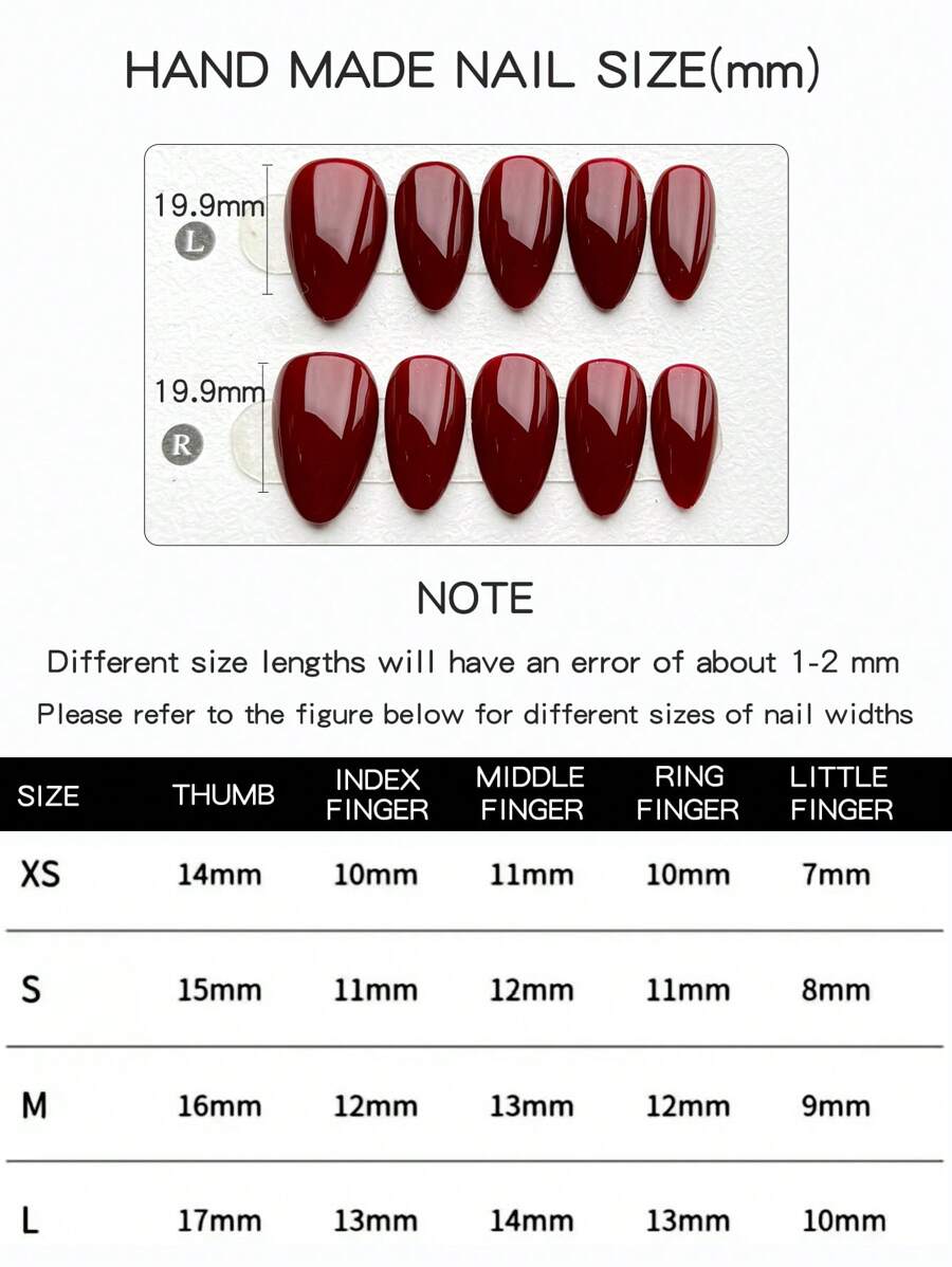 SHEIN أظافر 10 قطع بشكل لوز قصيرة مصنوعة يدويًا بلون أحمر نقي