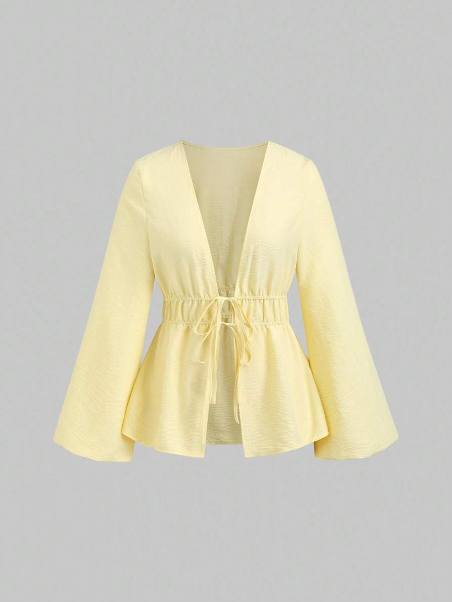 SHEIN Sweetra بلوزة نسائية بأكمام واسعة وربطة خصر بلون أصفر