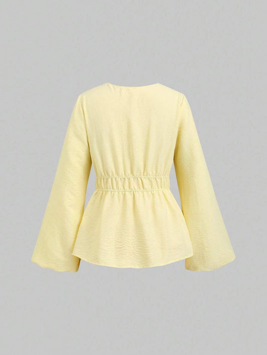 SHEIN Sweetra بلوزة نسائية بأكمام واسعة وربطة خصر بلون أصفر