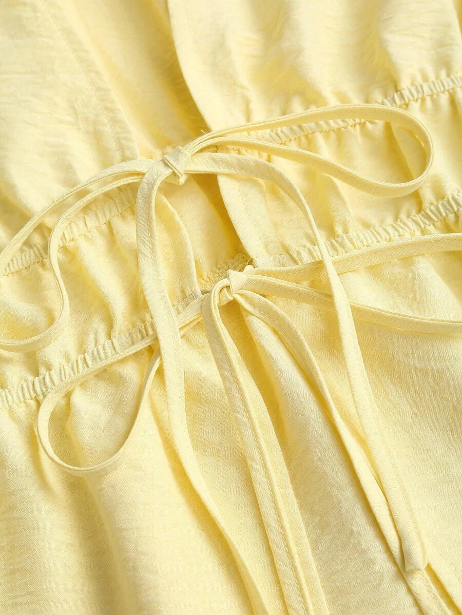 SHEIN Sweetra بلوزة نسائية بأكمام واسعة وربطة خصر بلون أصفر