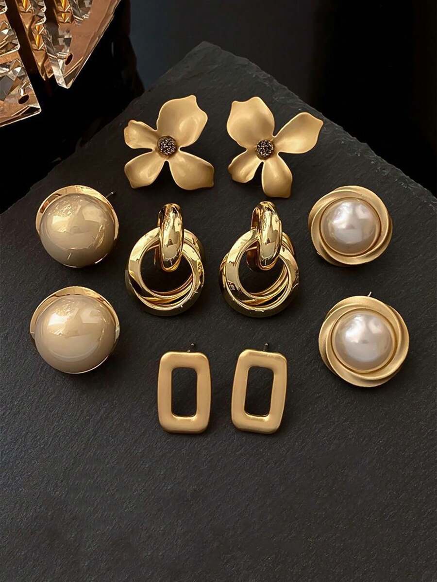 SHEIN طقم 5 أزواج أقراط معدنية هندسية زهرية بخرز صناعي