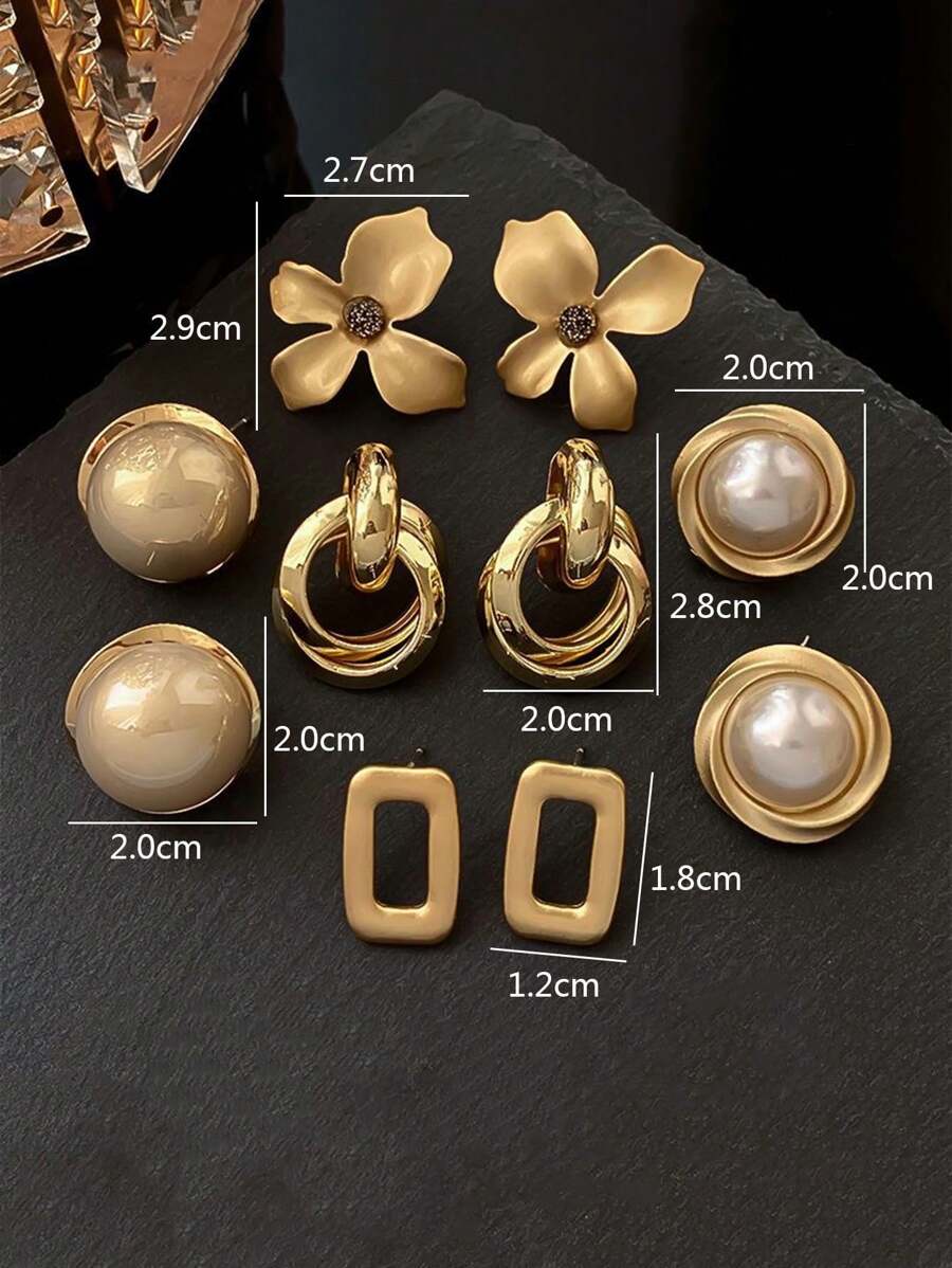 SHEIN طقم 5 أزواج أقراط معدنية هندسية زهرية بخرز صناعي