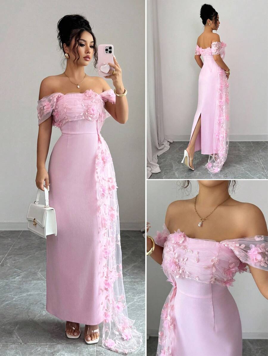 SHEIN Elenzga فستان وردي شبكي بطبعات زهرية