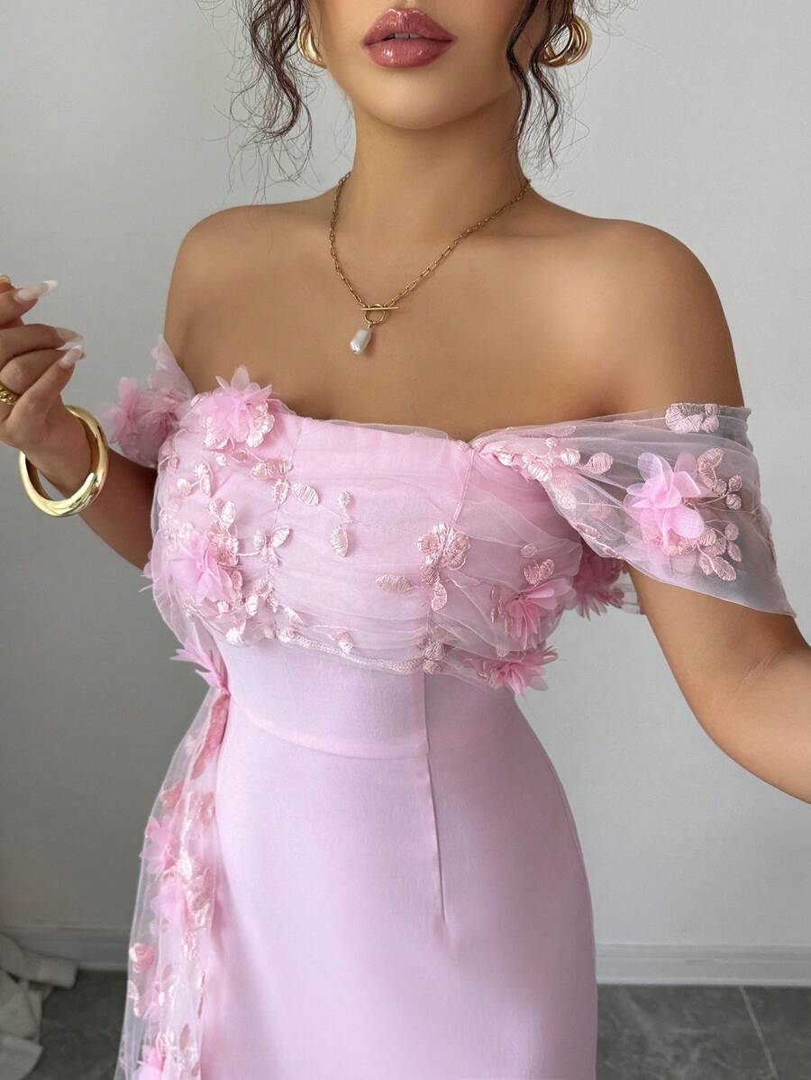 SHEIN Elenzga فستان وردي شبكي بطبعات زهرية