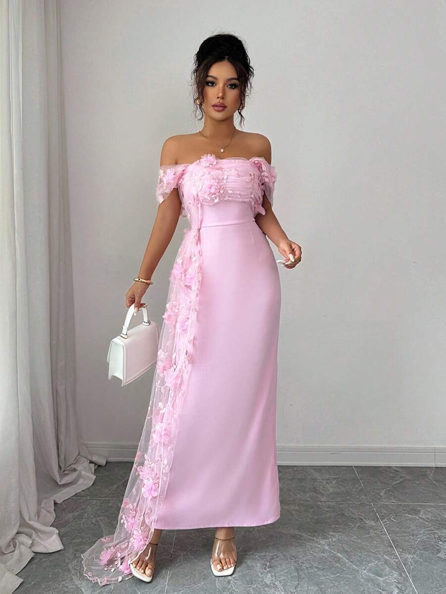 SHEIN Elenzga فستان وردي شبكي بطبعات زهرية