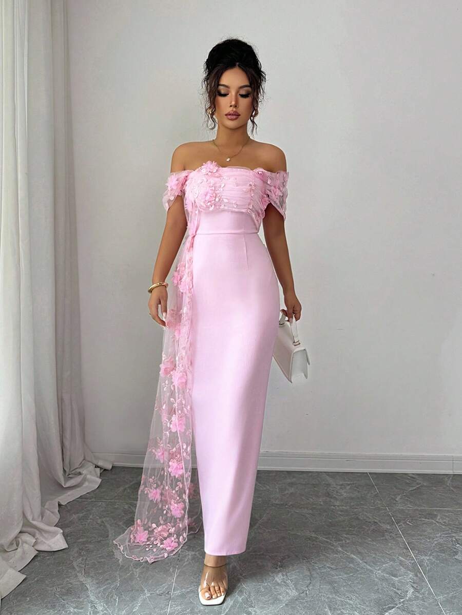 SHEIN Elenzga فستان وردي شبكي بطبعات زهرية