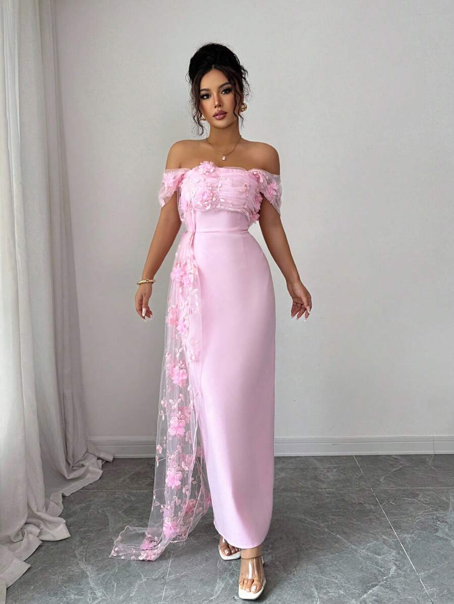 SHEIN Elenzga فستان وردي شبكي بطبعات زهرية