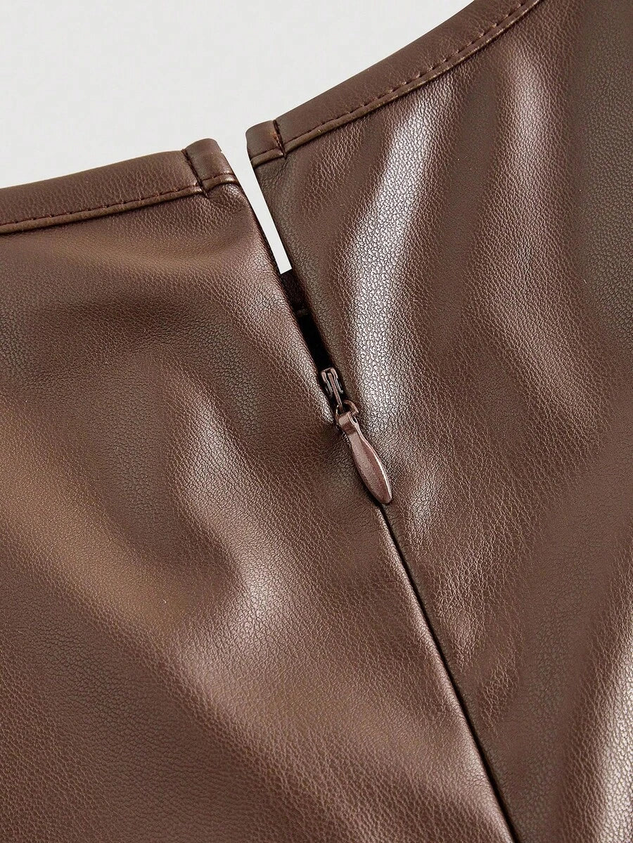 SHEIN MOD فستان بني من جلد بولي يوريثان كوكتيل