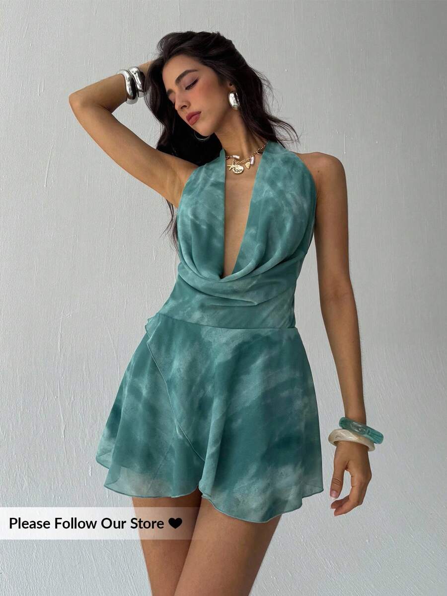 SHEIN Aloruh فستان بلون أخضر فاتح بياقة منسدلة وظهر مكشوف