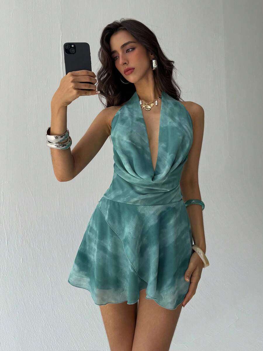 SHEIN Aloruh فستان بلون أخضر فاتح بياقة منسدلة وظهر مكشوف
