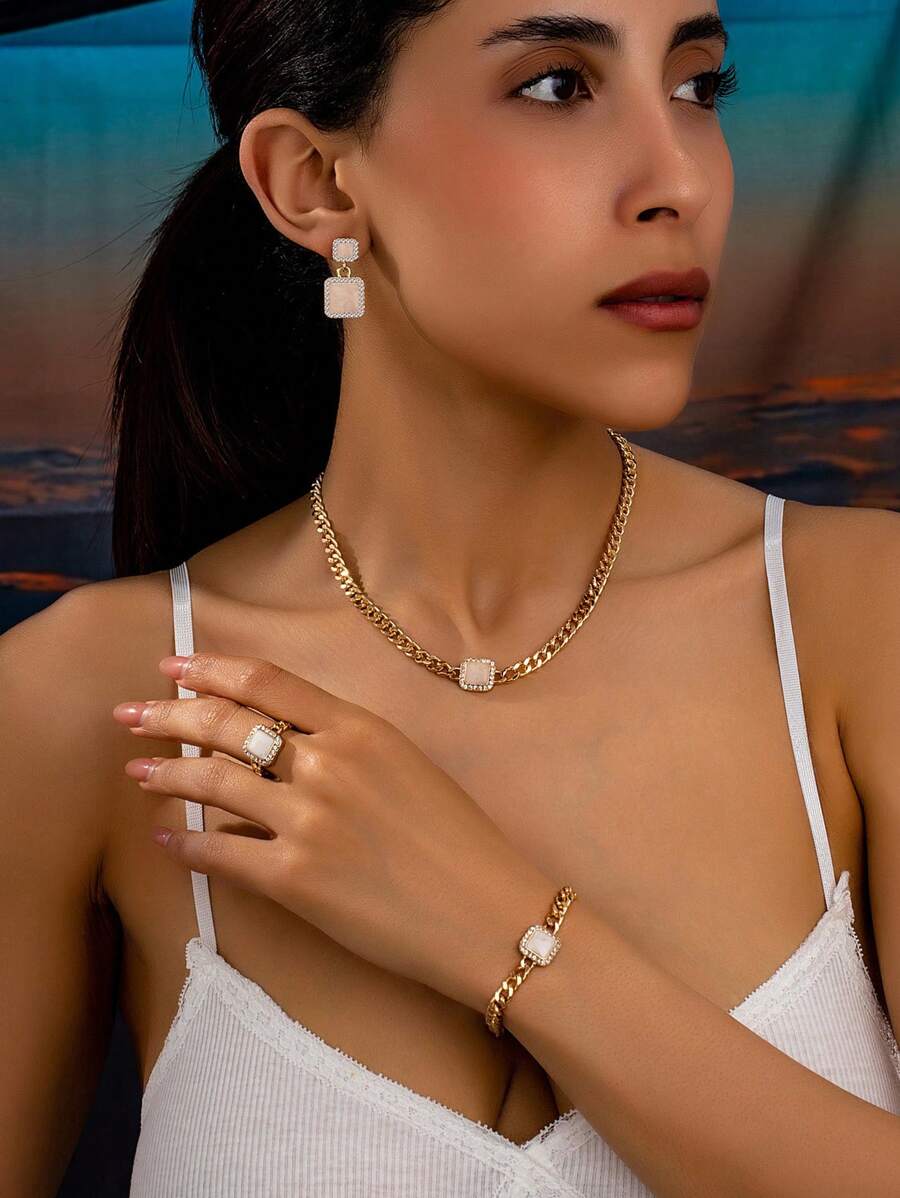 SHEIN طقم مجوهرات كامل مربع مزين بالماس