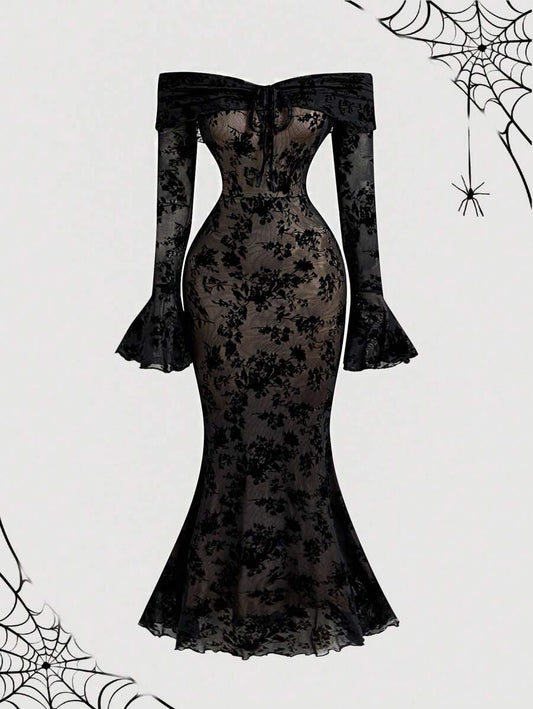 SHEIN MOD فستان اسود ضيق بكتف مكشوف