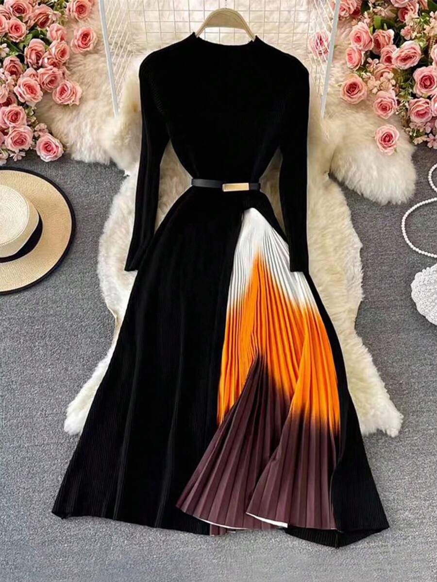 SHEIN INAWLY فستان اسود طويل الأكمام وحزام أنيق