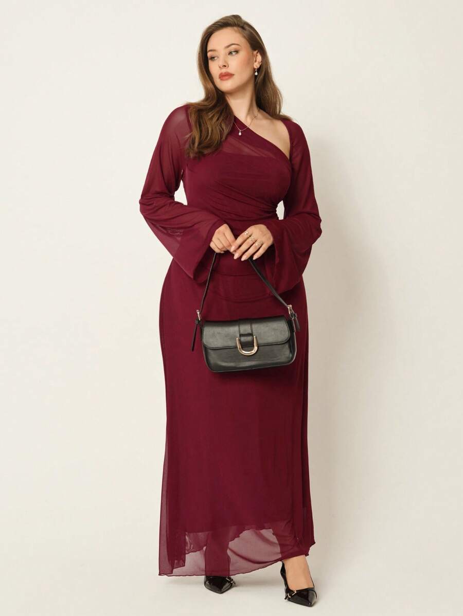 SHEIN Auralis فستان عنابي طويل الأكمام بياقة غير متماثلة وطيات