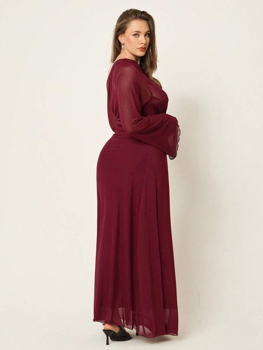 SHEIN Auralis فستان عنابي طويل الأكمام بياقة غير متماثلة وطيات
