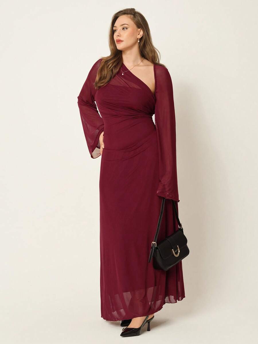 SHEIN Auralis فستان عنابي طويل الأكمام بياقة غير متماثلة وطيات