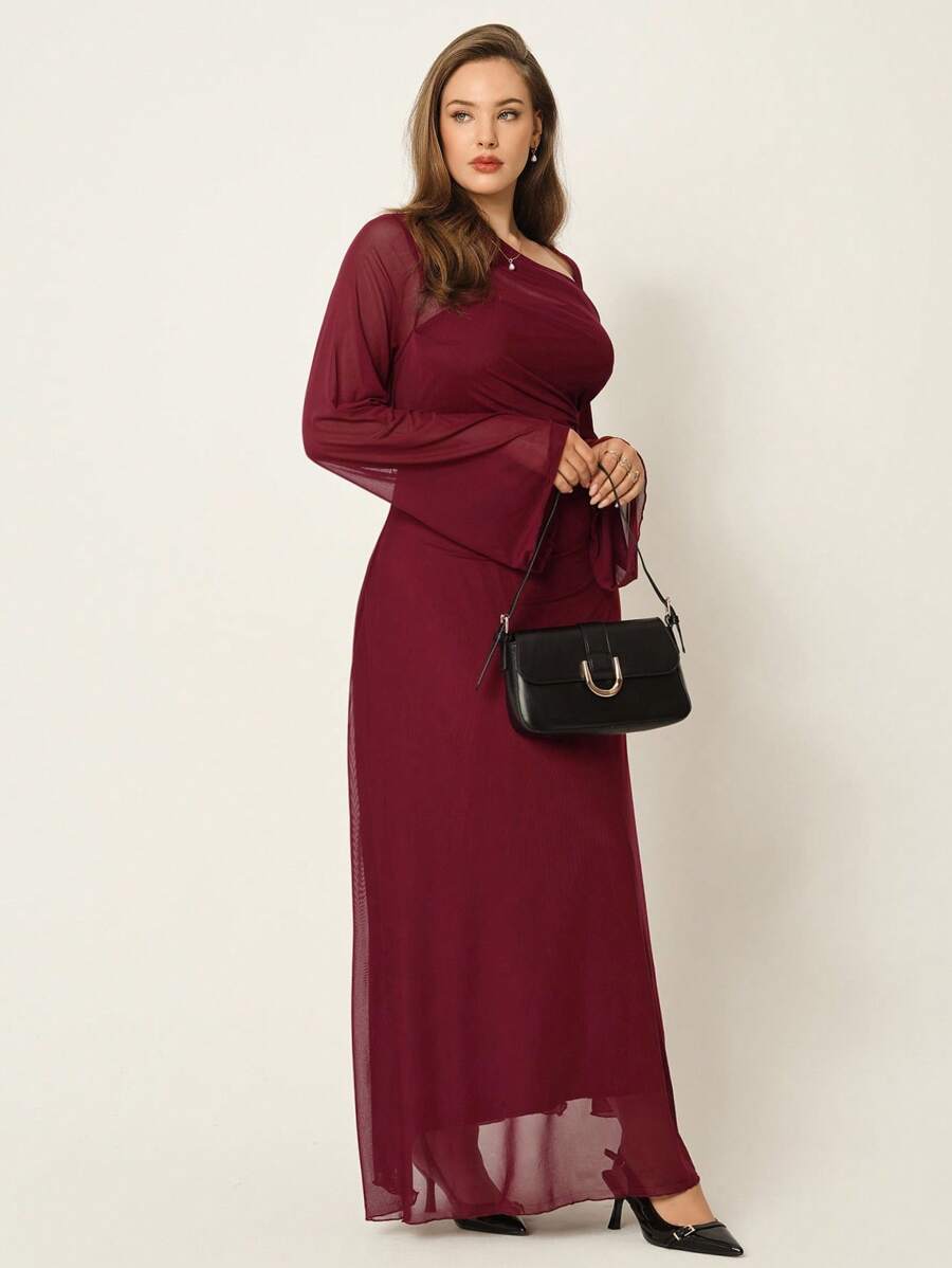SHEIN Auralis فستان عنابي طويل الأكمام بياقة غير متماثلة وطيات