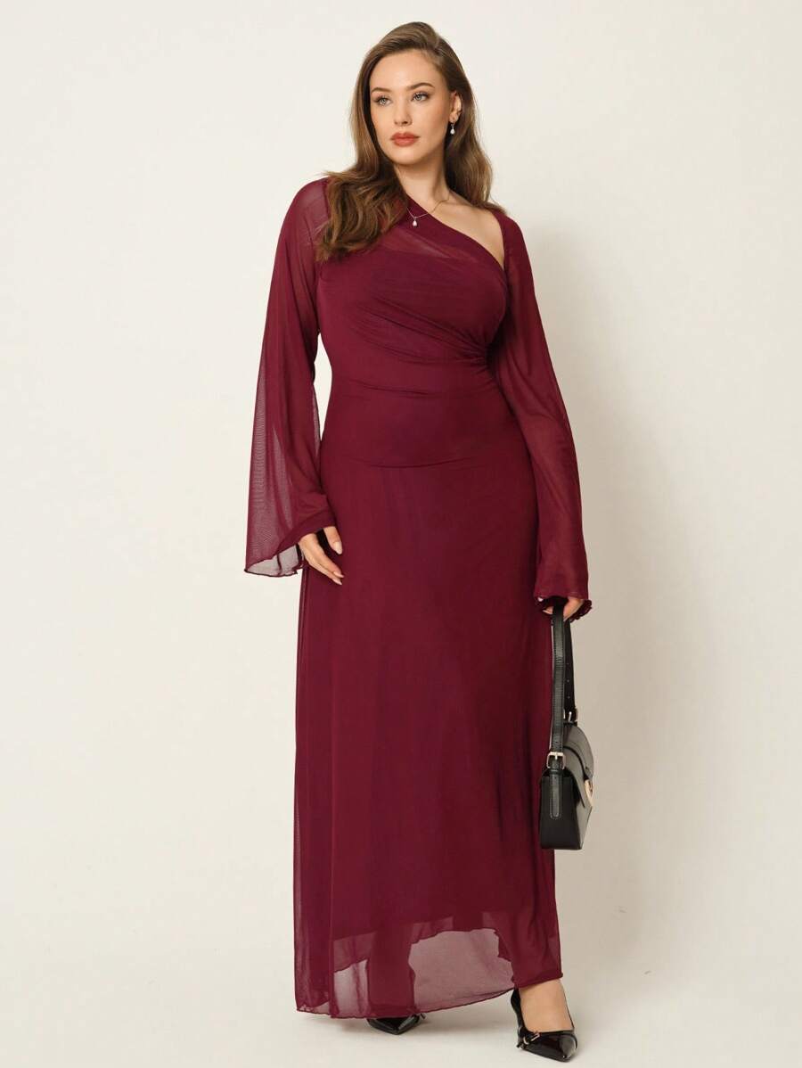 SHEIN Auralis فستان عنابي طويل الأكمام بياقة غير متماثلة وطيات