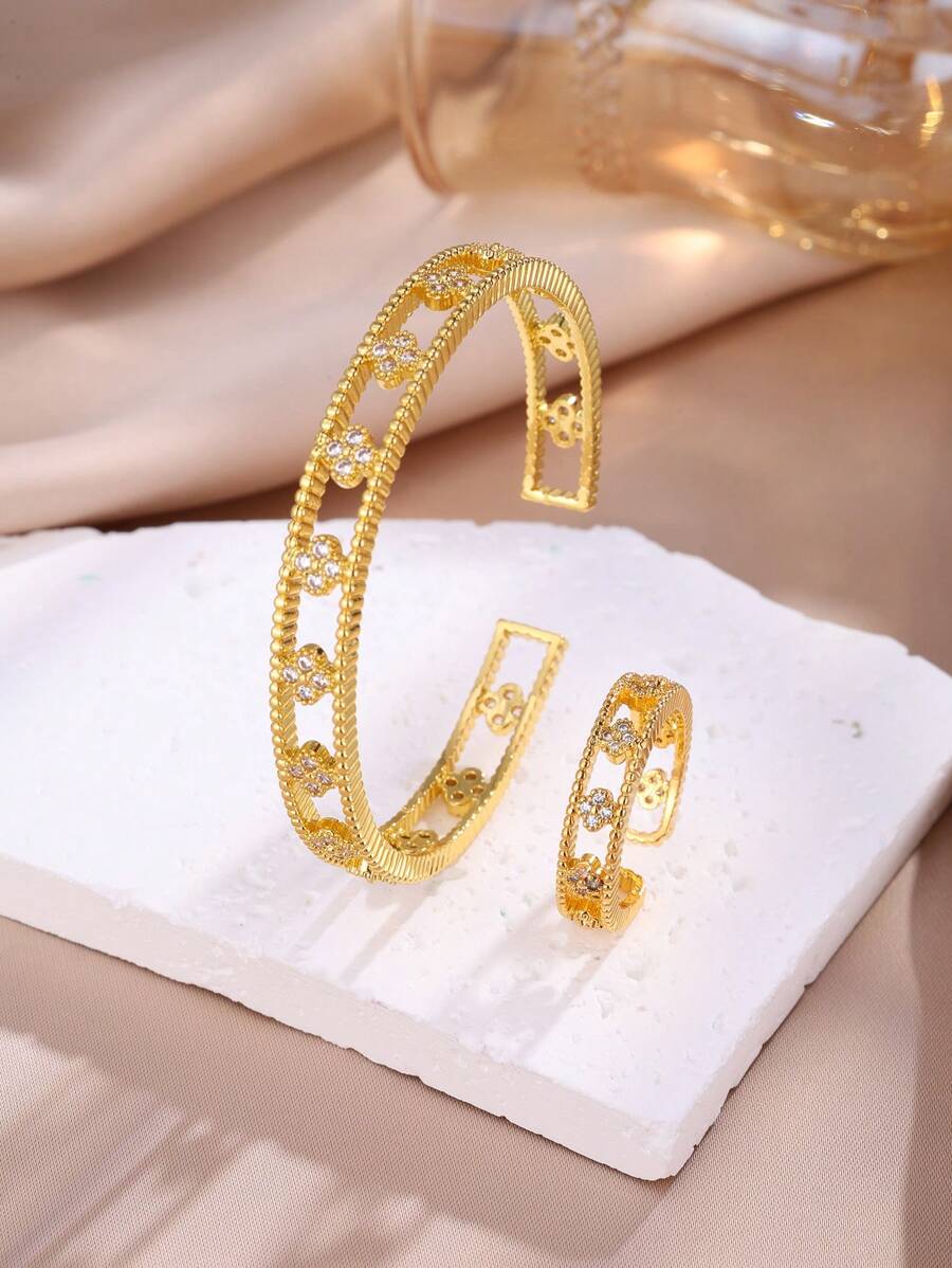 SHEIN rakol مجموعة 2 قطع سوار وخاتم مزين بزركونيا مكعبة