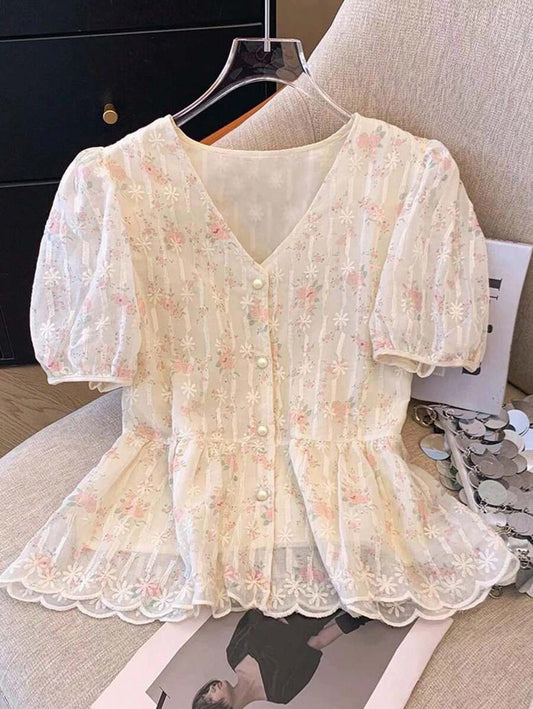 SHEIN Franclia قميص مطرز بأكمام قصيرة بتصميم فرنسي أنيق